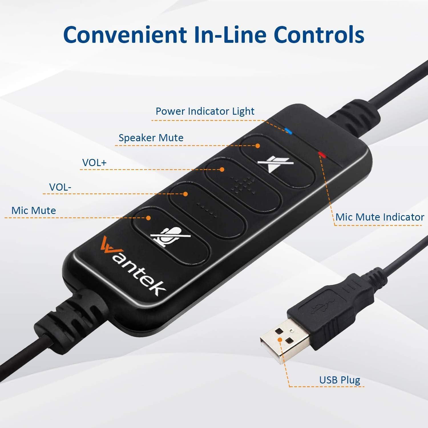 USB Headset with Microphone Noise Cancelling & Audio Controls, Computer Headphones for PC Laptop, Business, Home Office, Call Center, Skype, Zoom, Webinar, Clear Chat, Super Light,Single
