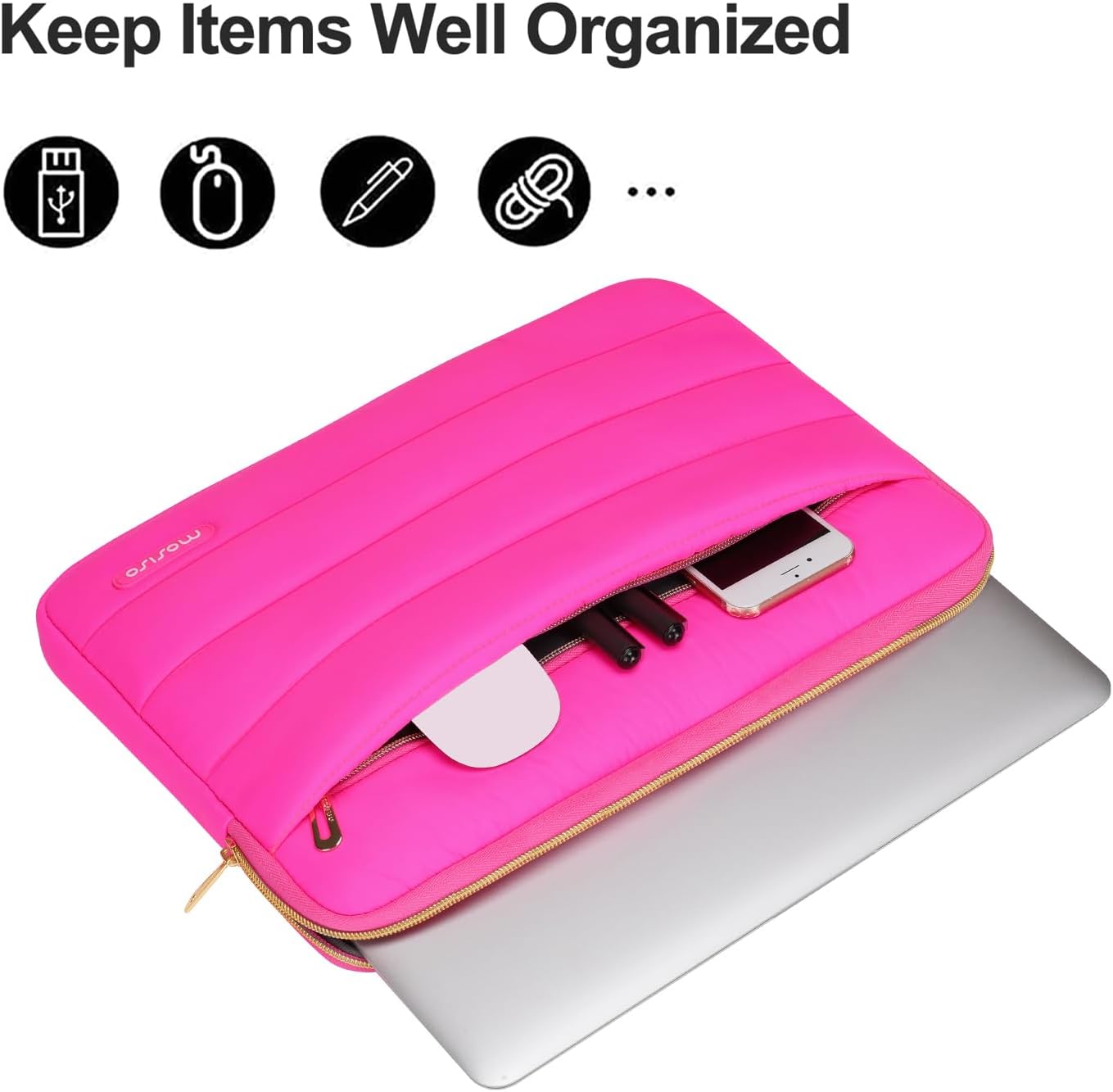 MOSISO 13.3 inch Laptop Case, 13-13.3 inch Puffy Laptop Sleeve Compatible with MacBook Air 13 13.6 M4 M3 M2 M1/Pro 13/Pro 14, HP Dell ASUS Lenovo,Polyester Horizontal Bag with Small Case, Rose Red
