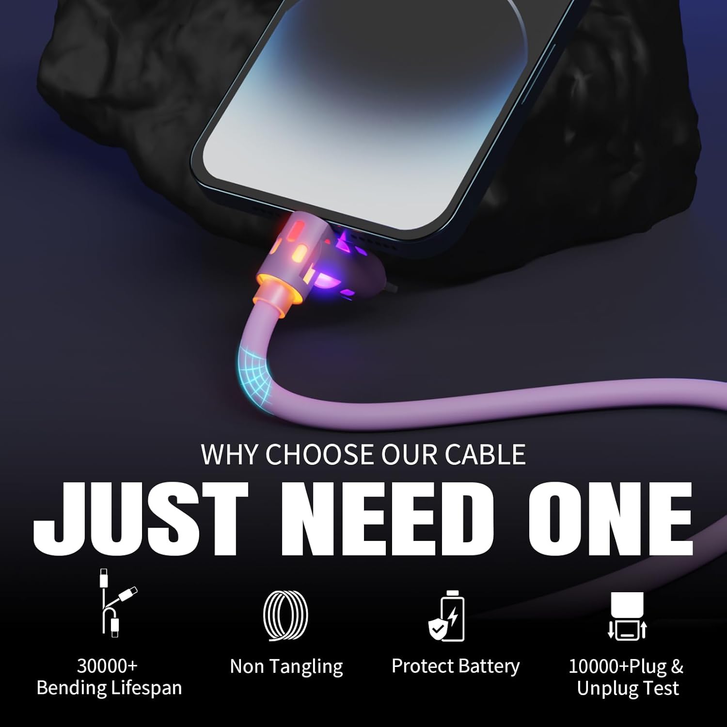240W USB C Cable,4 in 1 Charging Cable Fast Charging & Data Sync, Multi USB Charging Cable with Breathing Light,Charger Cord for iPhone 16/15 14 13 iPad Samsung Galaxy MacBook iPad Tablets,Purple 5Ft