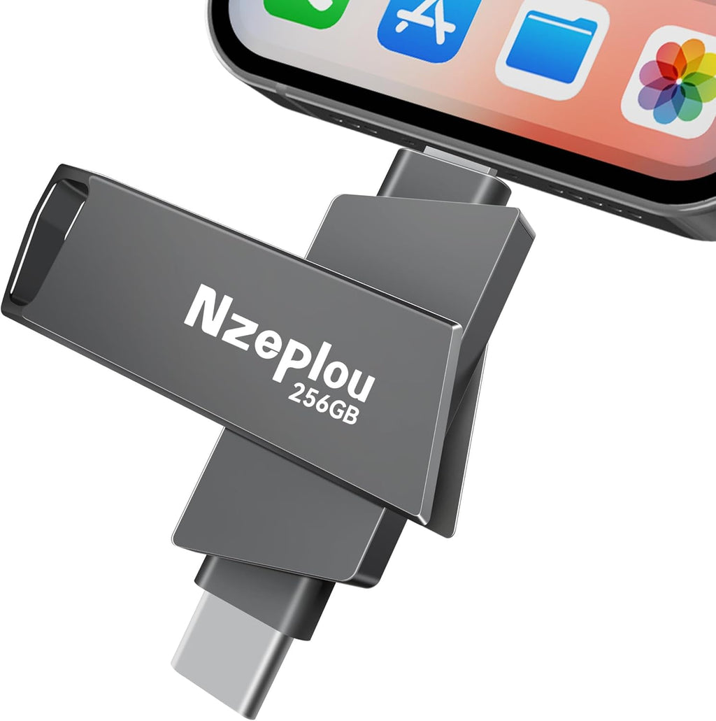 256GB Flash Drive for iPhone iPad, USB3.0 High-Speed Memory Stick No App Needed, Lightening & USB-C External Memory Storage for Photos Videos, Picture Backup Thumb Drive Plug & Play (Space Gray)