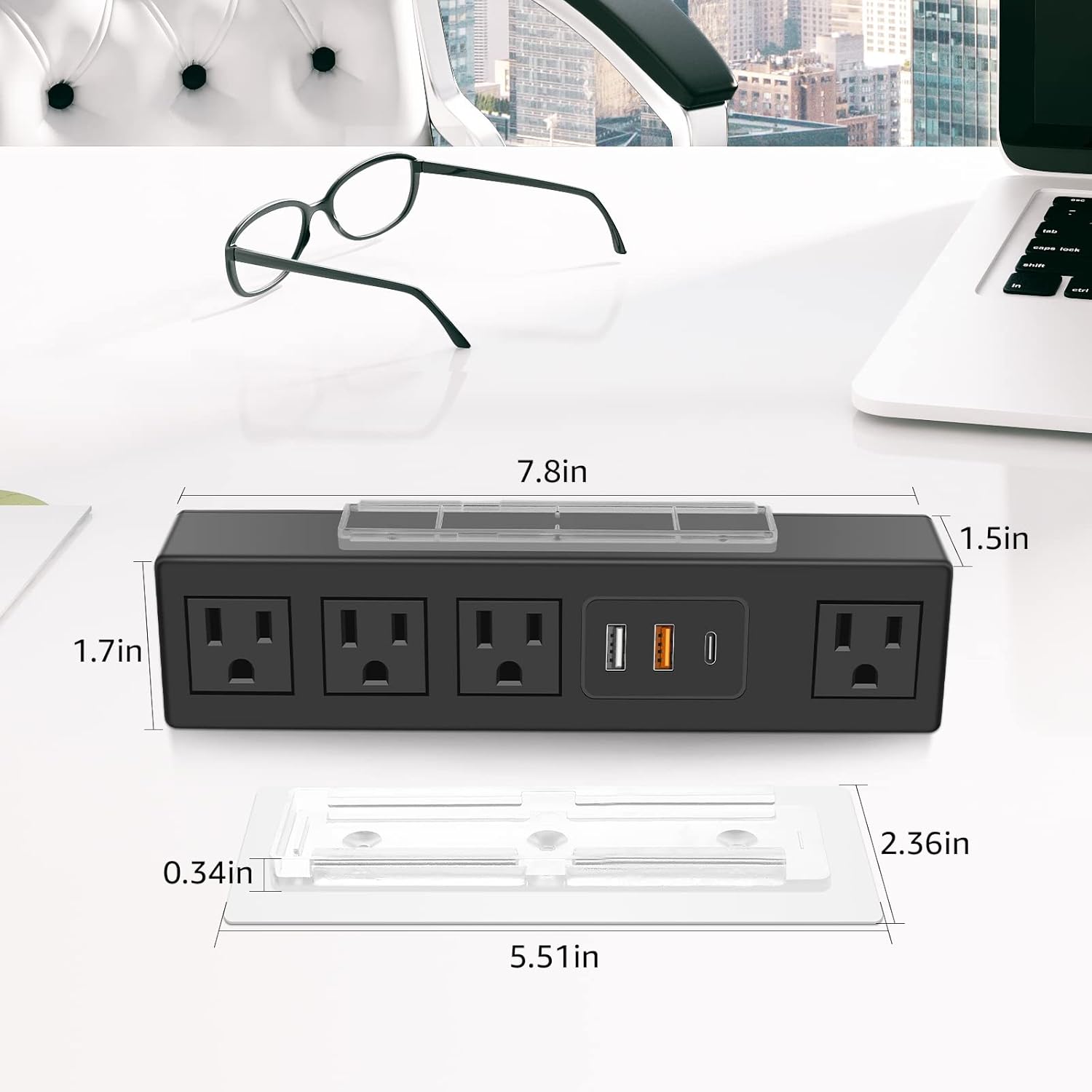 HHSOET 45W Under Desk Power Strip with 3M Adhesive, Removable Under Desktop Mount Plug with Fast Charging USB C and USB A Ports, 4 Outlet Under Table Surge Protector 1200J, 6FT Extension Cord. (Black)