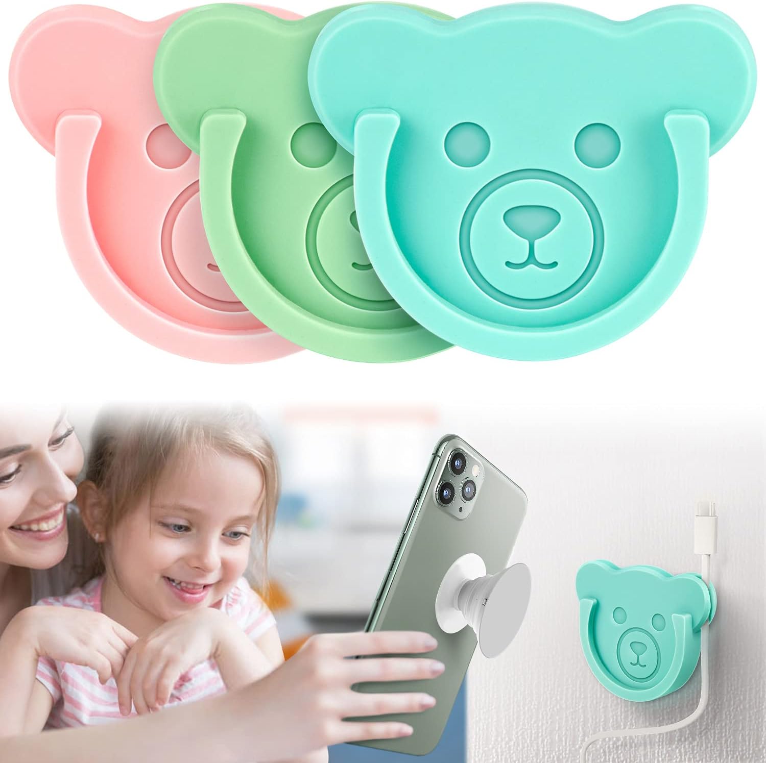 TOPGO Socket Car Mount for Phone Holder Cute Bear Style Silicone Grip Stand with Phone line Clasp for Collapsible Socket User Used on Dashboard, Home, Office, Kitchen, Desk, Wall (Color) 3 Pack