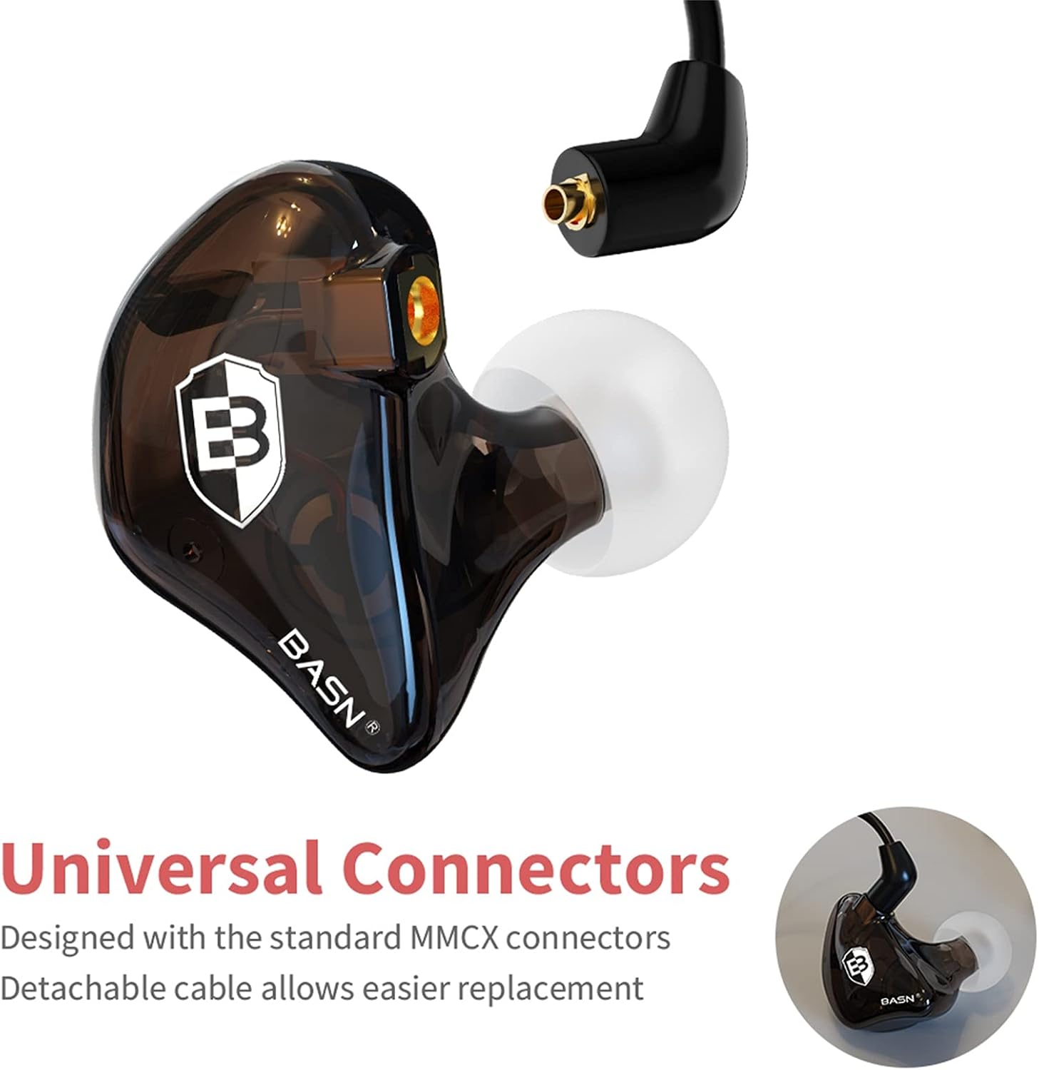 BASN Bsinger in Ear Monitor Headphones for Musician, Dual Dynamic Drivers Noise Isolating Earbuds with MMCX Inline Remote Mic Cable and Silver Plated Audio Cable (SPM-Brown)