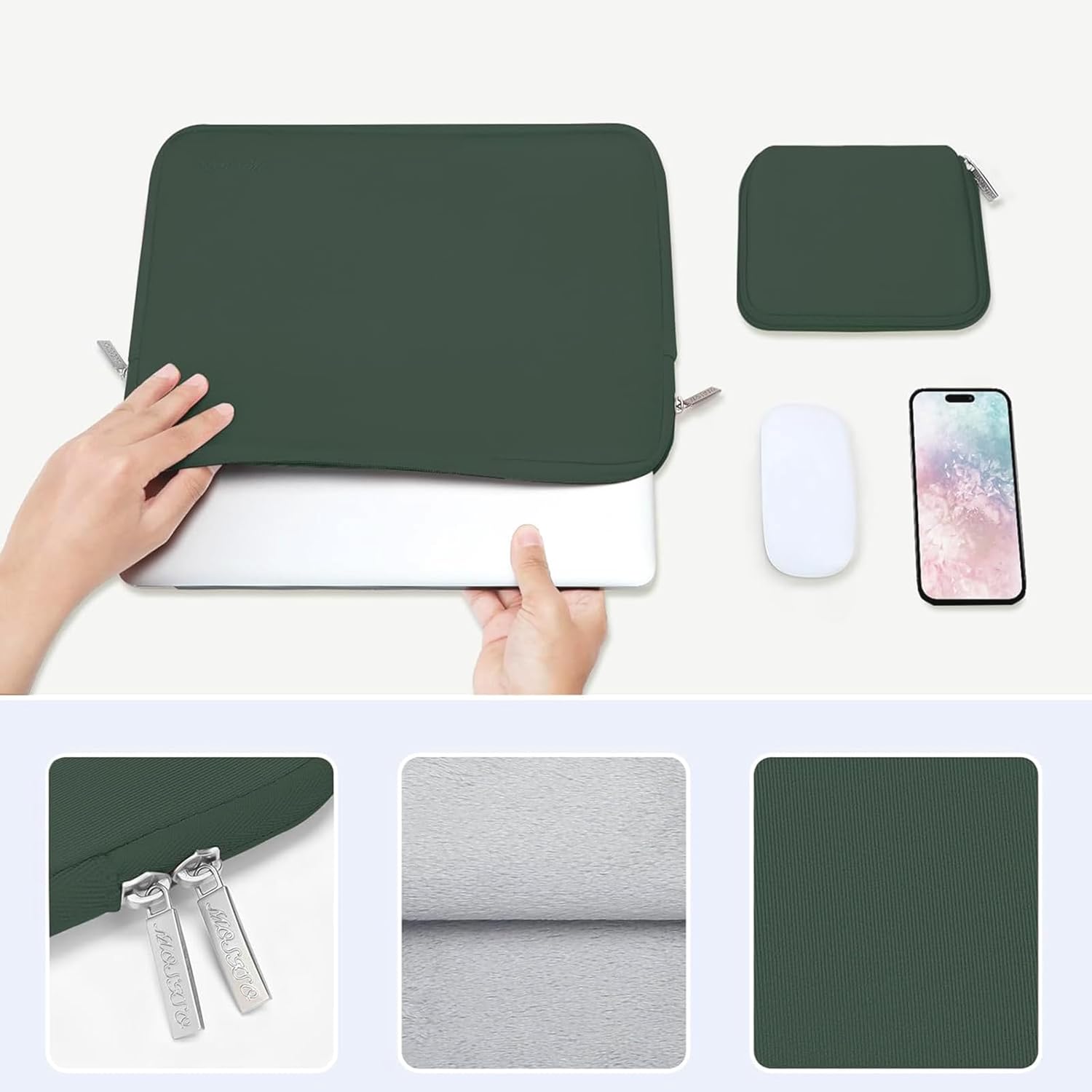 MOSISO Laptop Case 13.3 inch, 13-13.3 inch Laptop Sleeve Bag Compatible with MacBook Air/Pro 13/Pro 14 M5 M4 M3 M2 M1, HP Dell ASUS Lenovo, Neoprene Computer Sleeve Bag with Small Case, Midnight Green