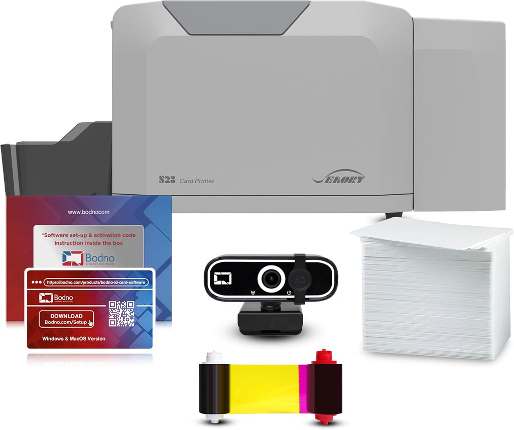 Bodno Seaory S28 Dual Sided ID Card Printer & Complete Supplies Package ID Software and Camera - Silver Edition