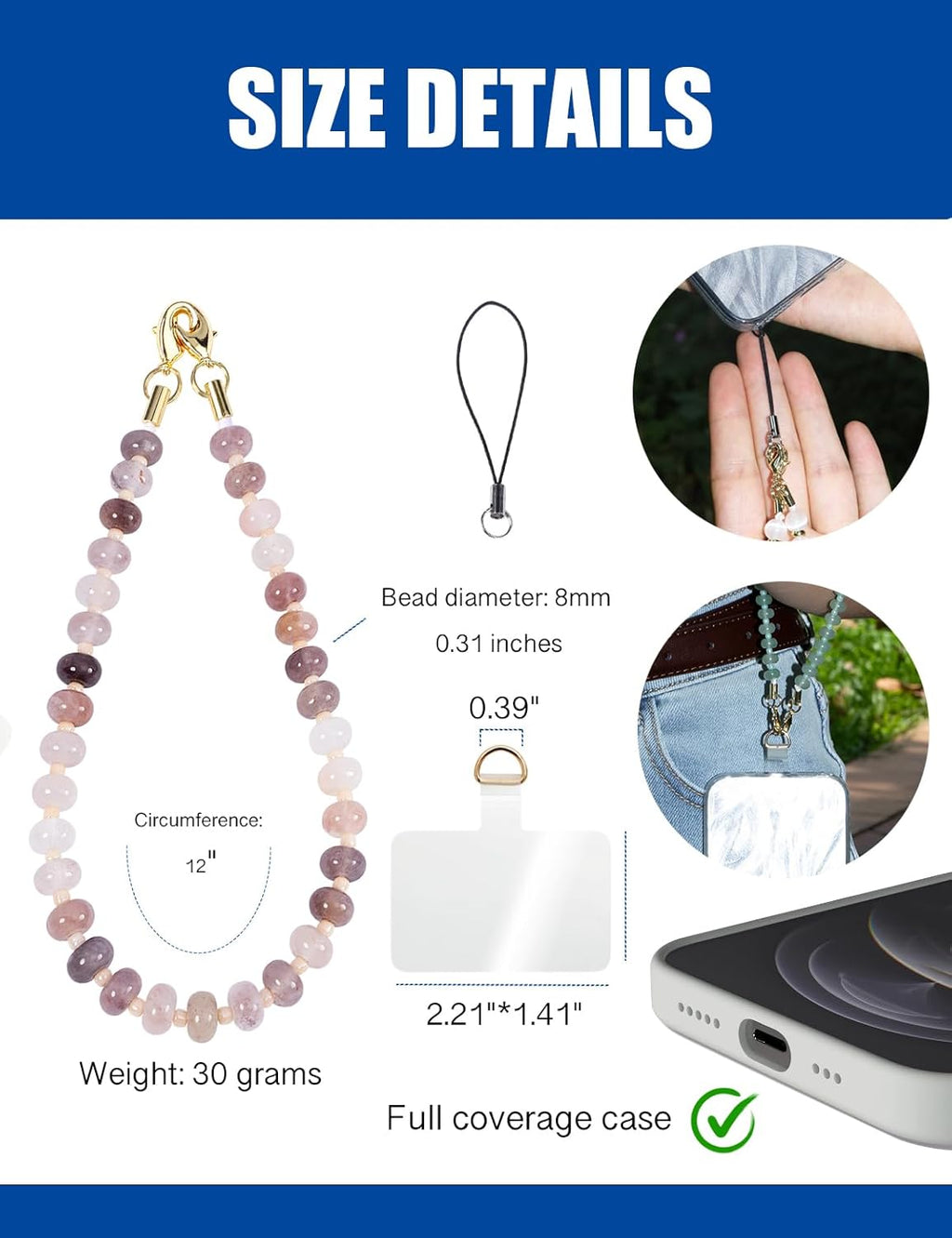 Handmade Natural Purple Gradient Gemstone Crystal Beaded Charm Cell Phone Camera Lanyard, Hands-Free Wrist Strap, Phone Chain String, Keychain Decor for Walle (Violet Agate)