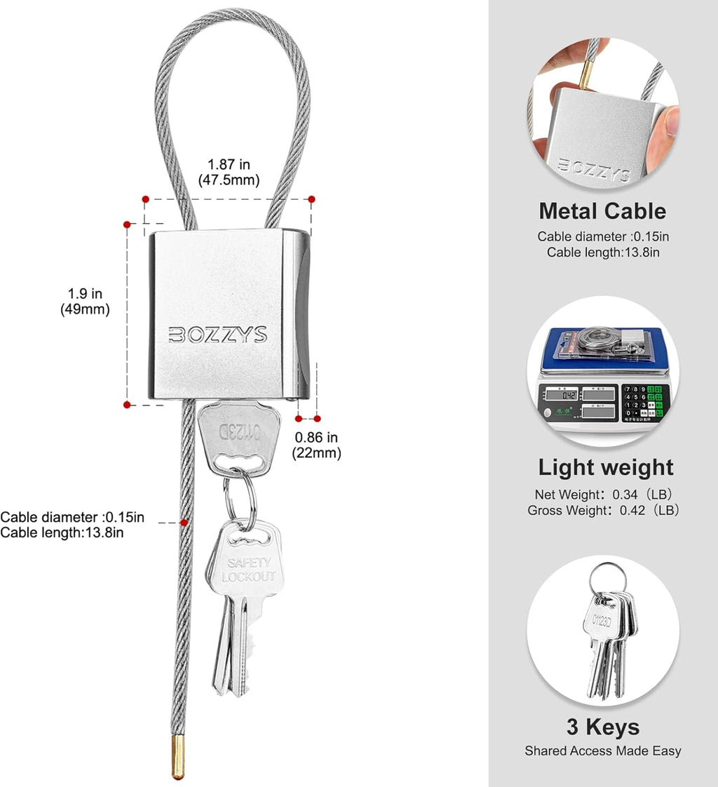 Cable Padlock with 3 Keys | L 1.15ft(0.35m),D 1/6in(4mm) Adjustable Steel Cable Lock | Aluminum Locks for Bikes, Gate, Lockers & Outdoor Gear | Weatherproof & Silver