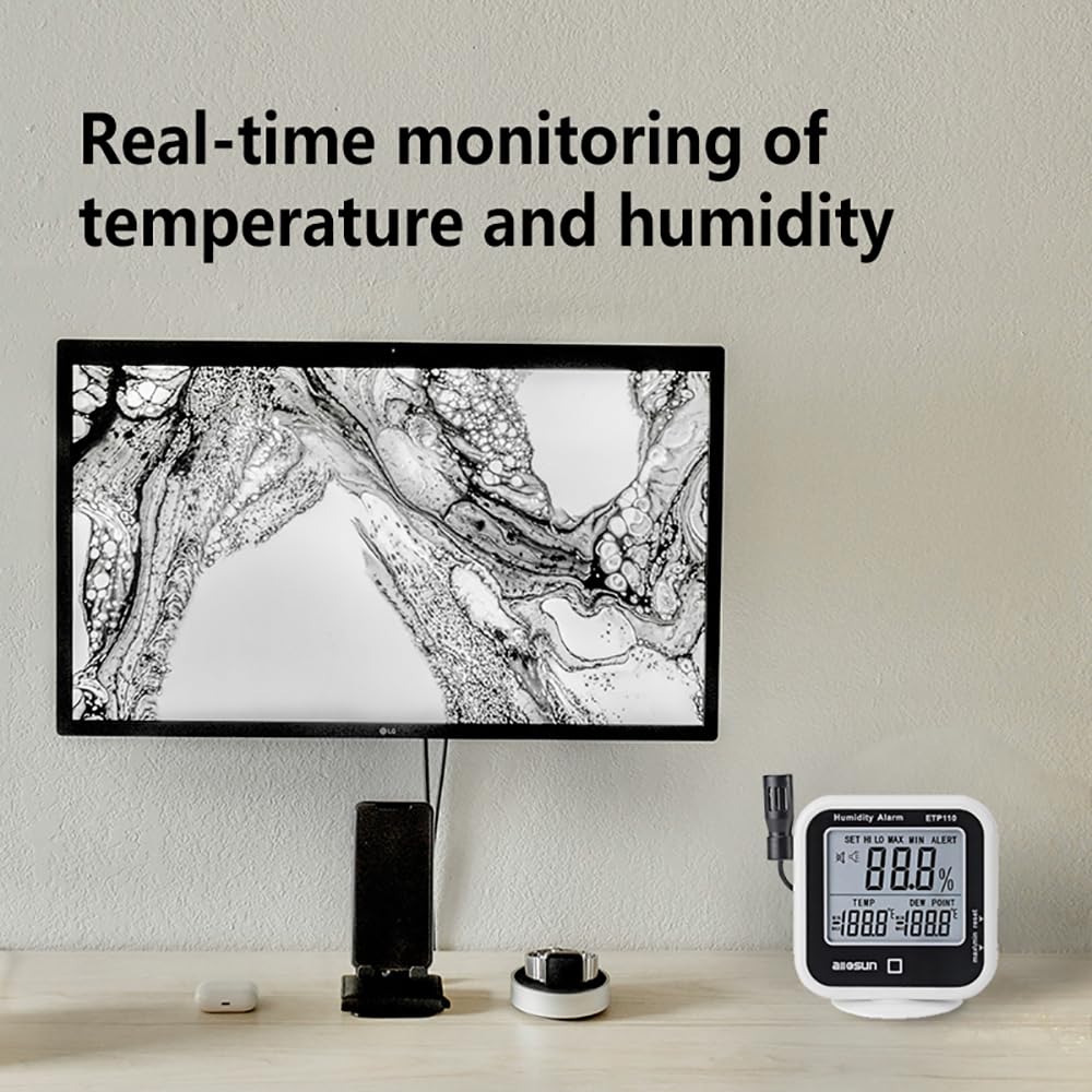 ALLOSUN Digital Thermometer Hygrometer Indoor Humidity Greenhouse Temperature Monitor Alarm Long Probe Gauge Dew-Point Meter with LCD Display