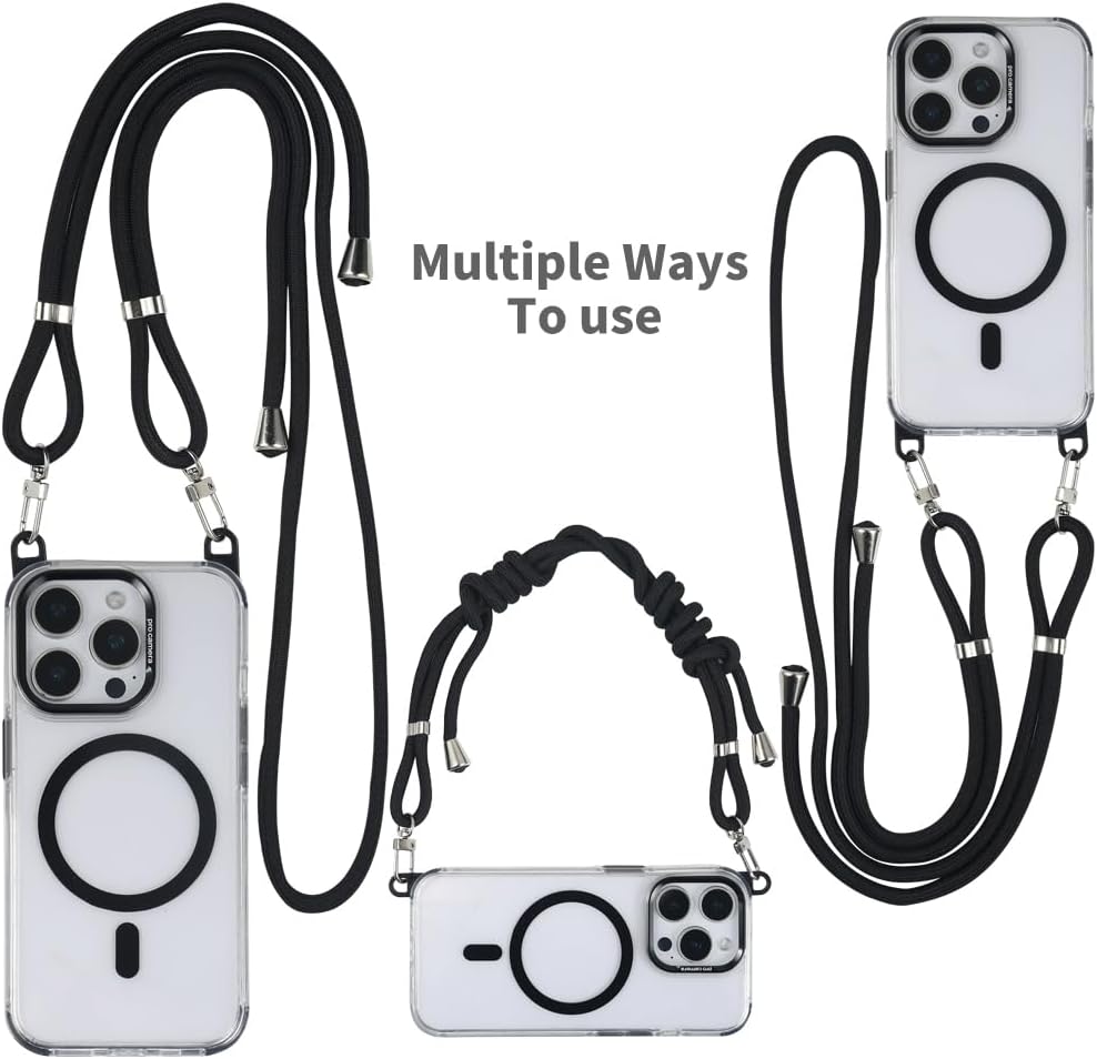 for iPhone 15 Pro Case with 62.99 inch Lanyard, Classic Clear&Black Magnetic Phone Case, Drop&Shockproof Protection Cases, Phone Lanyard for Around The Neck, Compatible with Magnet Accessory