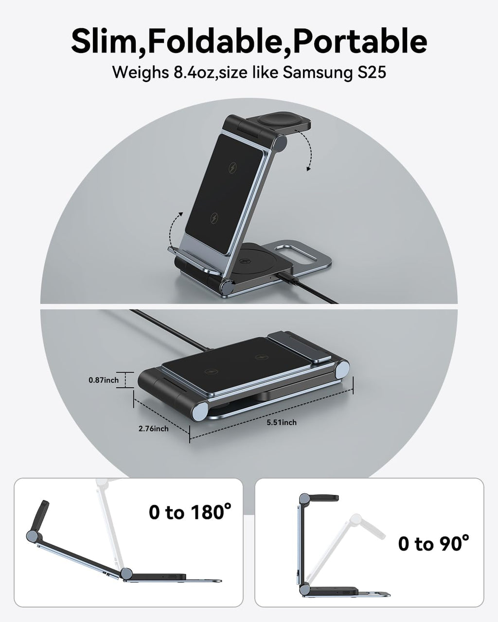 Wireless Charger for Samsung 3 In 1 Wireless Charging Station Foldable Wireless Charger Stand for Samsung S25 Ultra S24 S23 S22 Z Flip Z Fold 6 5 for Galaxy Watch 7/6/5/4 for Galaxy Buds Elegant Black