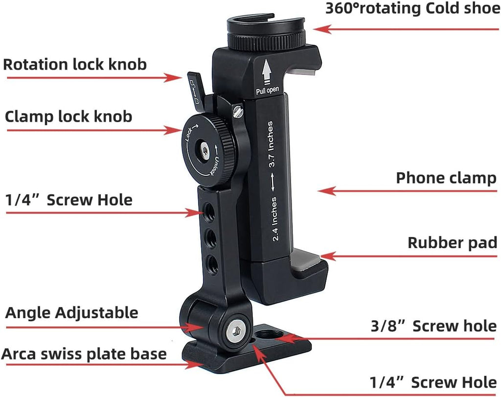 Metal Phone Tripod Mount w Rotatable Cold Shoe for Micphone Easy Use,Compatible with iPhone Tripod Adapter, Cell Phone Mount Holder,Hot Video Creater Vlogging Rig