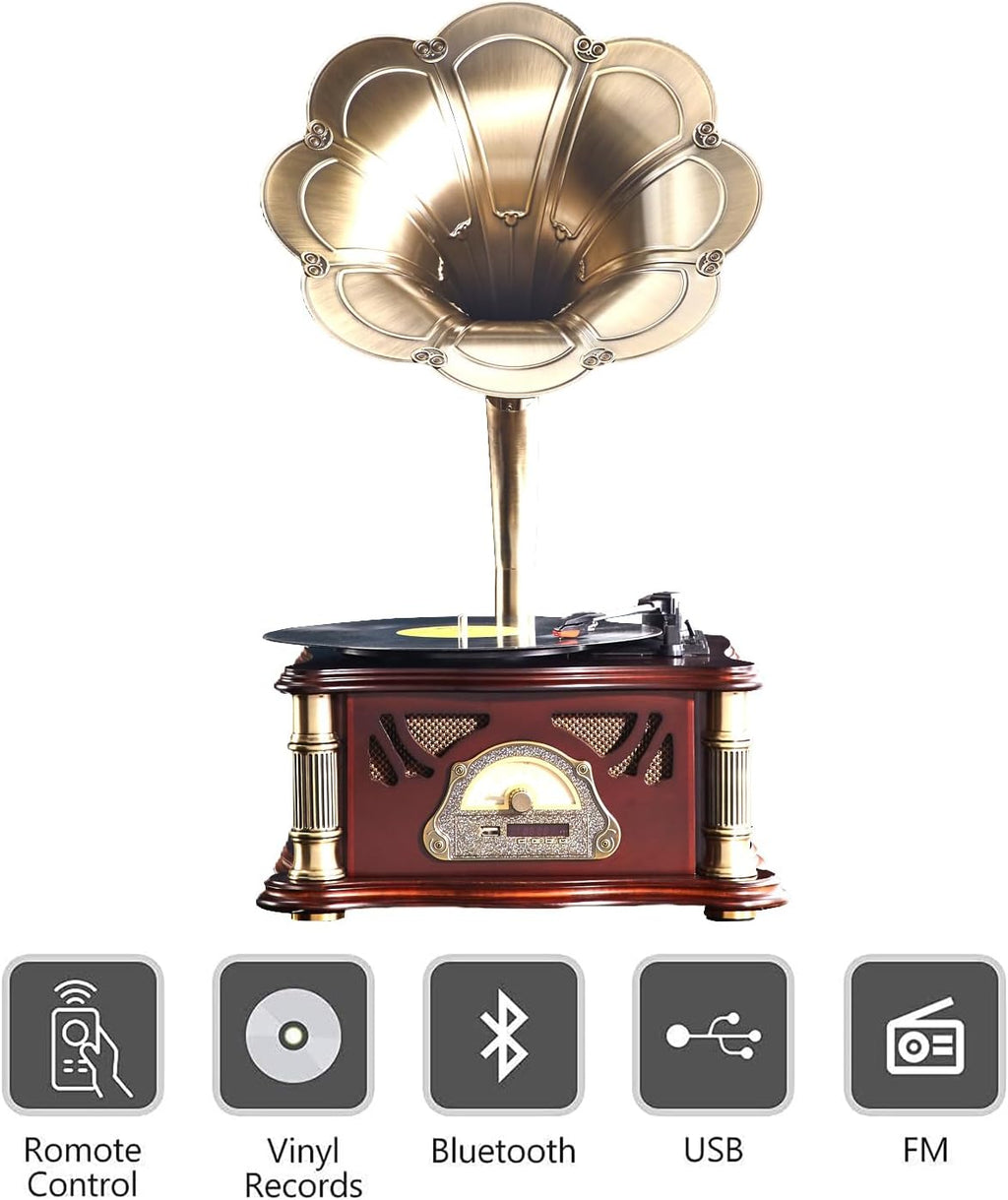 Vintage Gramophone with Bluetooth Output Vintage Record Players Retro Gramophone Turntables for 7" 9" 12" Vinyl Records 3 Speed, Hi-Fi, Handcrafted by Pure Oak(White Gold)