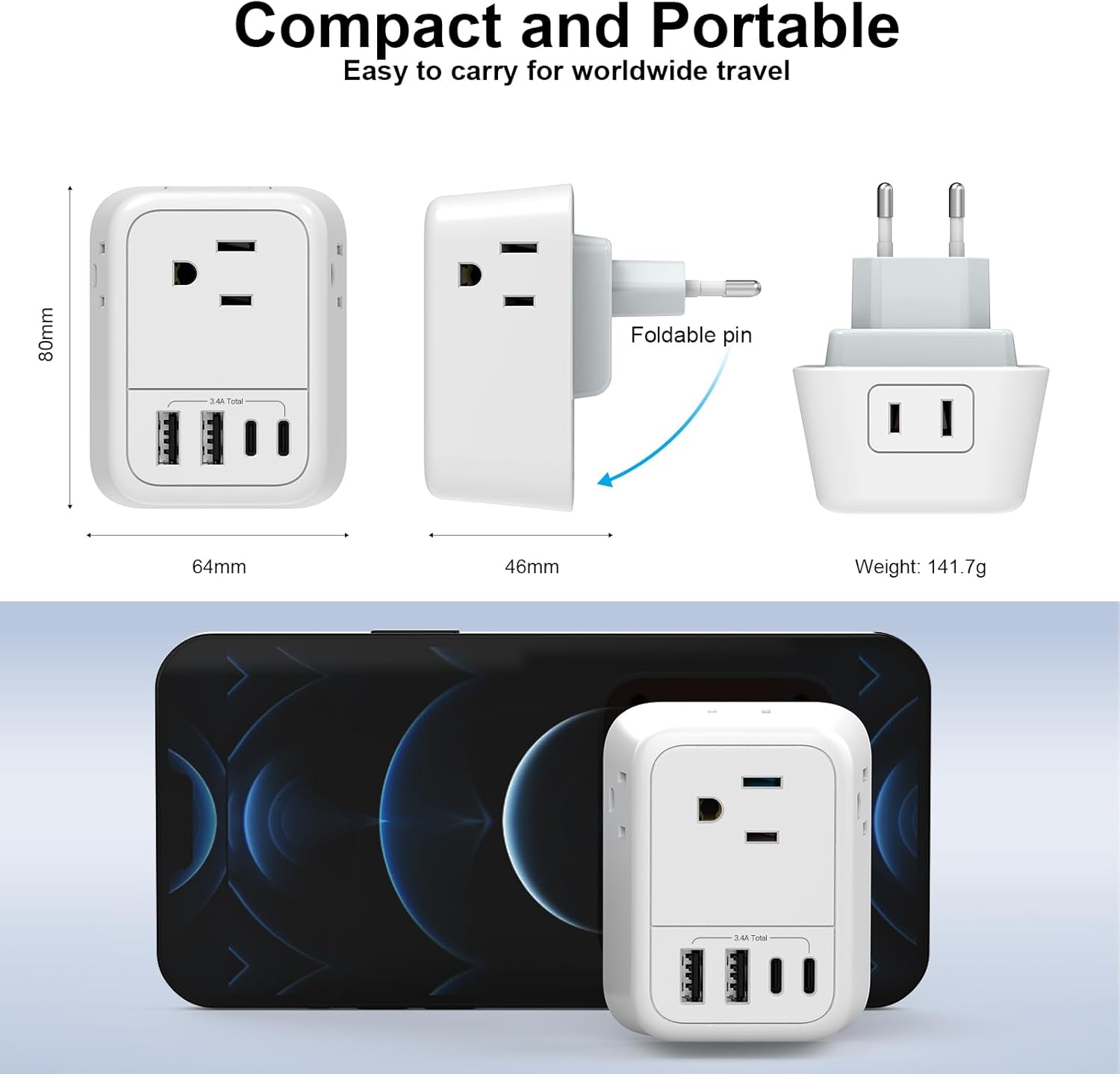 Travel Plug Adapter, International Plug Adapter with 4 AC Outlets 4 USB Ports(2 USB C), Travel Adapter Type C Travel Essentials for US to Most Europe France Germany Italy Spain [1 Pack]