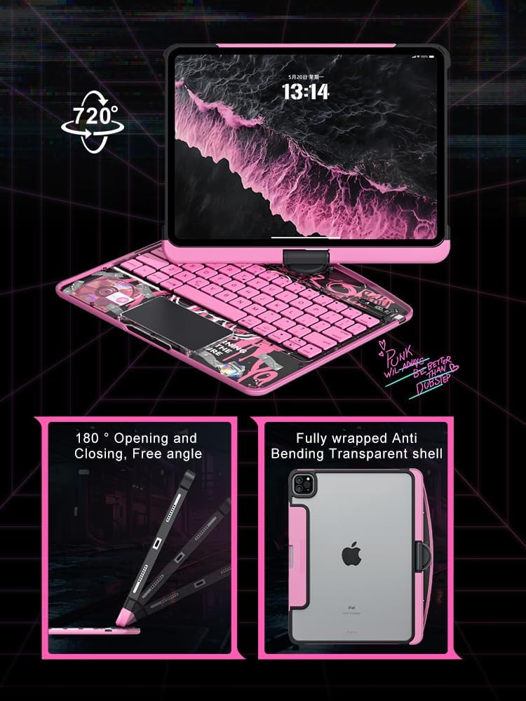 Transparent 360 for iPad Keyboard case with Wireless Keyboard for iPad Air 13 inch(M3/M2, 2025/2024), Trackpad, 7 Color Backlight, 360° Rotating Stand for iPad Pro 12.9" 2018-2022(6/5/4/3 Gen)
