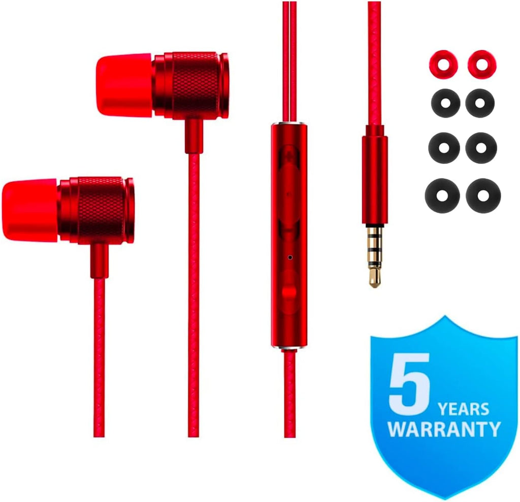 LUDOS Ultra Wired Earbuds in-Ear Headphones, 5 Years Warranty, Earphones with Microphone, Noise Isolating Ear Buds, Memory Foam for iPhone, Samsung, School Students, Kids, Women, Small Ears - Red
