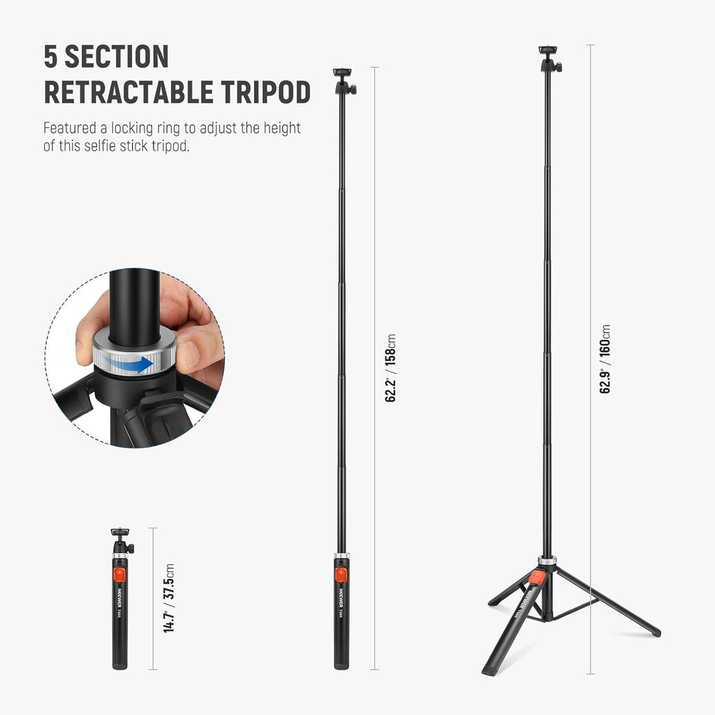 NEEWER Phone Tripod for Camera with Cell Phone Holder & Remote, 62.9" All Metal Selfie Stick Travel Vlog Video Recording Portable Stand Compatible with iPhone Canon Sony Nikon, Cleaning Cloth, TS05