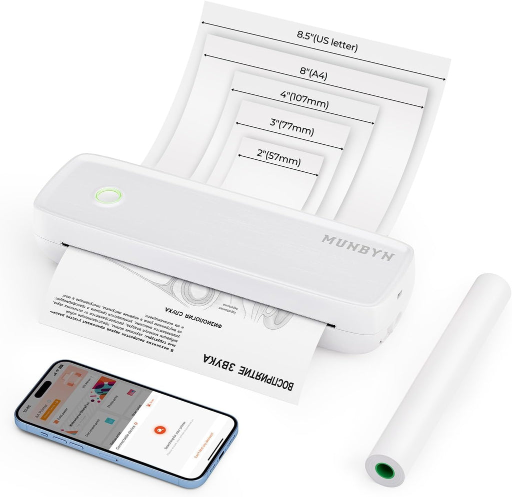 MUNBYN Portable Printers Wireless for Travel ITP04, Inkless Printer, Thermal Bluetooth Printer, Support 8.5x11&A4 Thermal Paper, Compatible with Android and iOS Phone & Laptop, Small Printers (White)