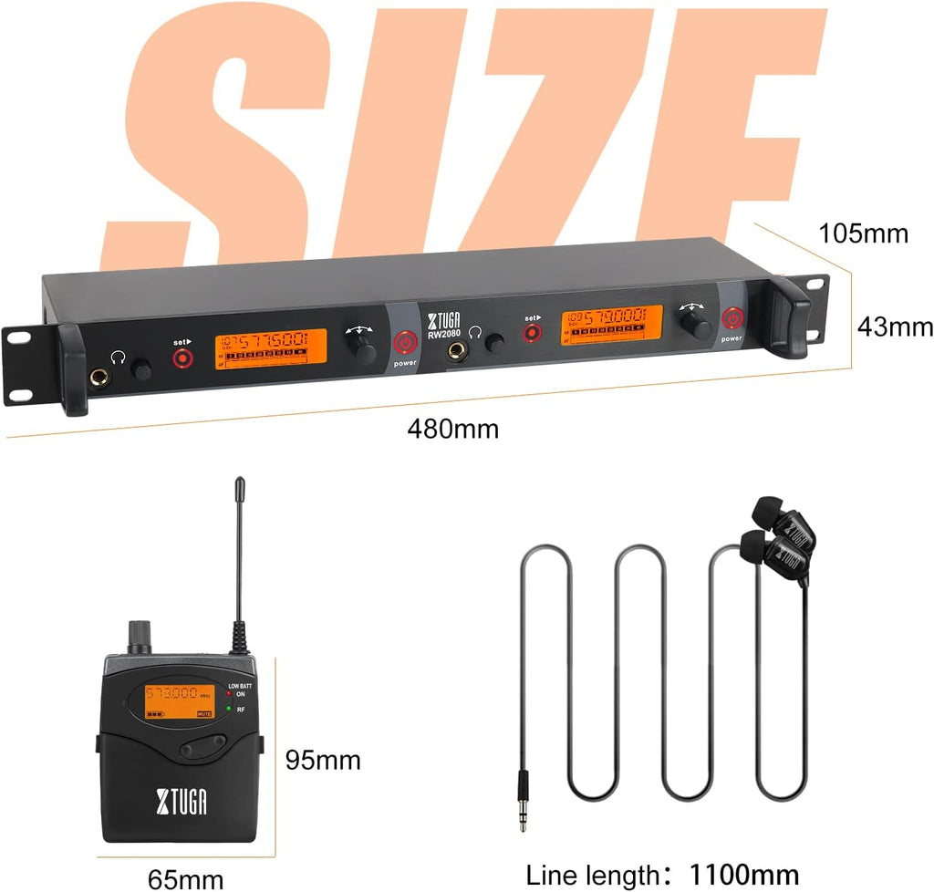 XTUGA RW2080 Wireless in Ear Monitor System Mono Design Dual Channel Wireless IEM System 5 Bodypacks, 300Ft, 40 UHF Frequencies, in Ears Monitors for Band, Stage or Studio, 902-928mhz