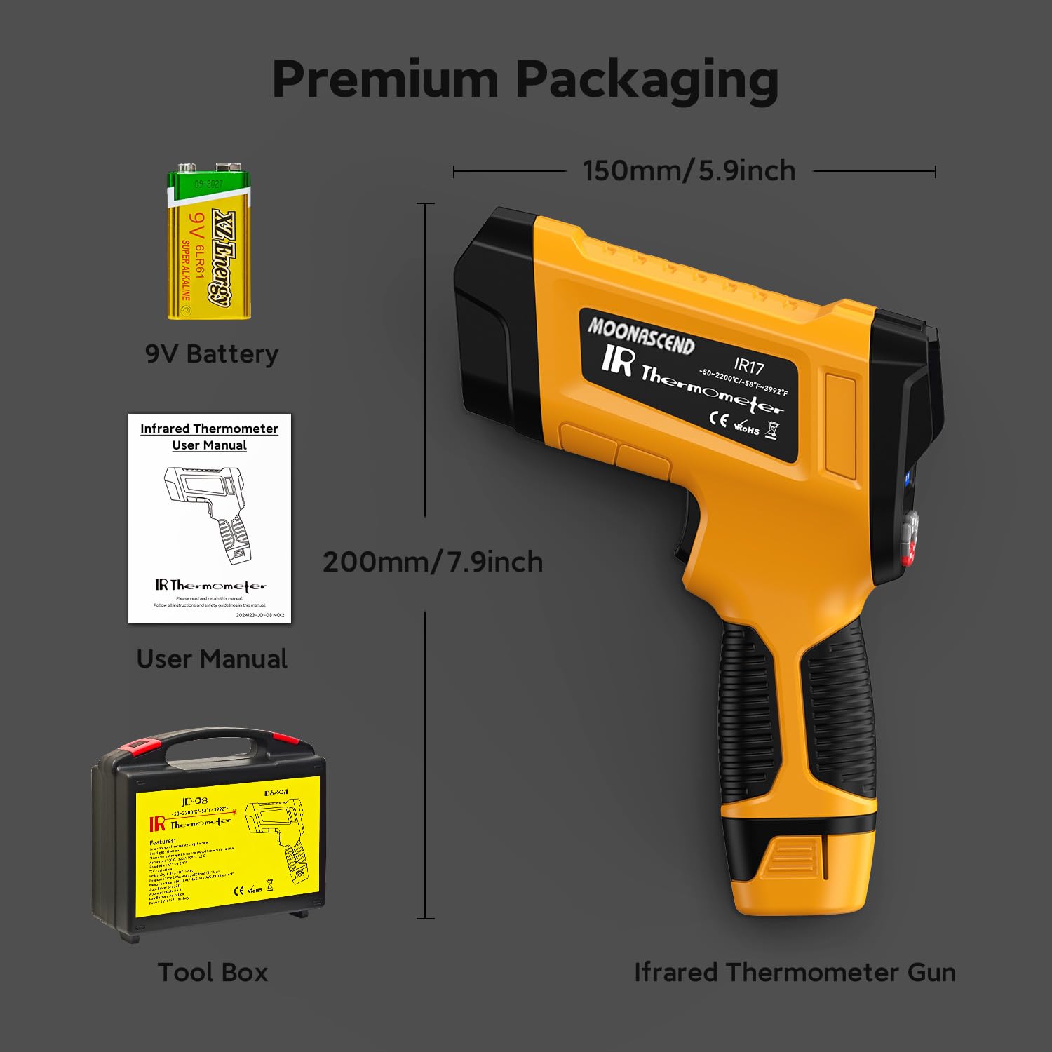 -58°F to 3992°F High-Temp Temperature Gun, Industrial IR Thermometer Gun High Precision Triple Laser Non-Contact Pyrometer Termometer for Furnace, Kiln, Forge, Furnace, Engine, HVAC
