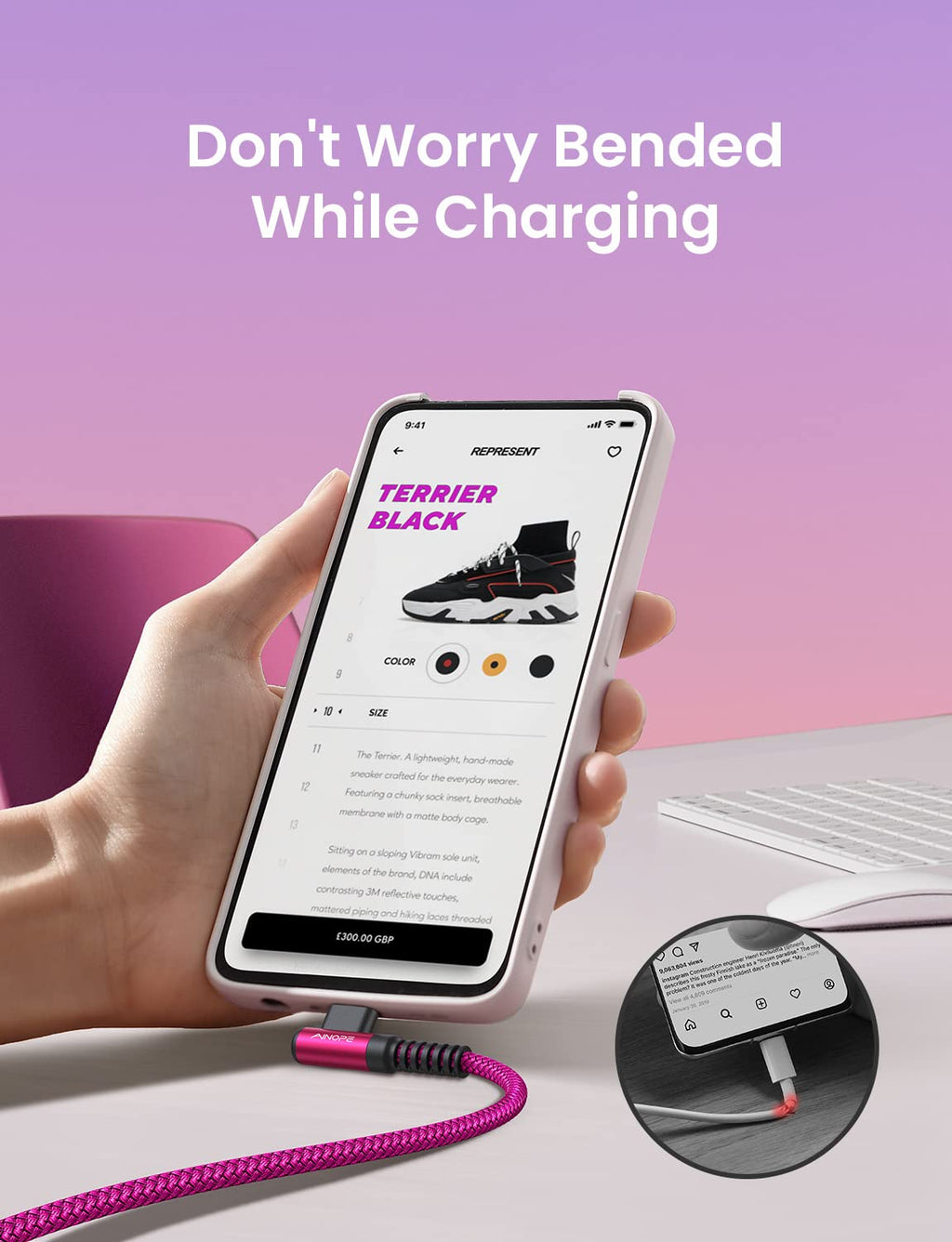 AINOPE Type C Cable [2-Pack, 6.6ft] 3.1A Type C Charger Fast Charging Right Angle, Resistant Nylon Braided S9 Charger Compatible with Galaxy S10 S9 Plus S21, Note 10 9 LG, USB C Cable