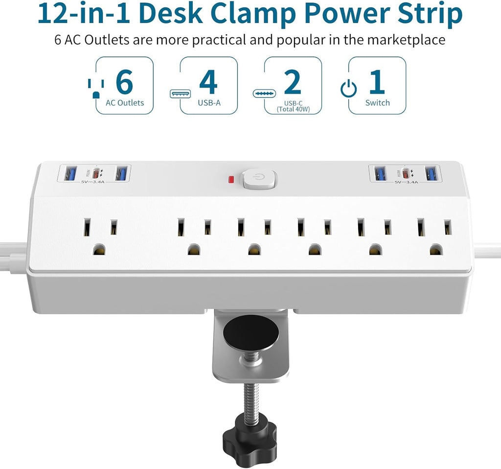 40W Fast Charging Station, Desk Clamp Power Strip, JXGUCAT Removable Desk Clamp Mount Power Strip Surge Protector, 2 USB-C Ports, 6 AC Outlets and 10ft Cord, Fits 1.8" Tabletop Edge