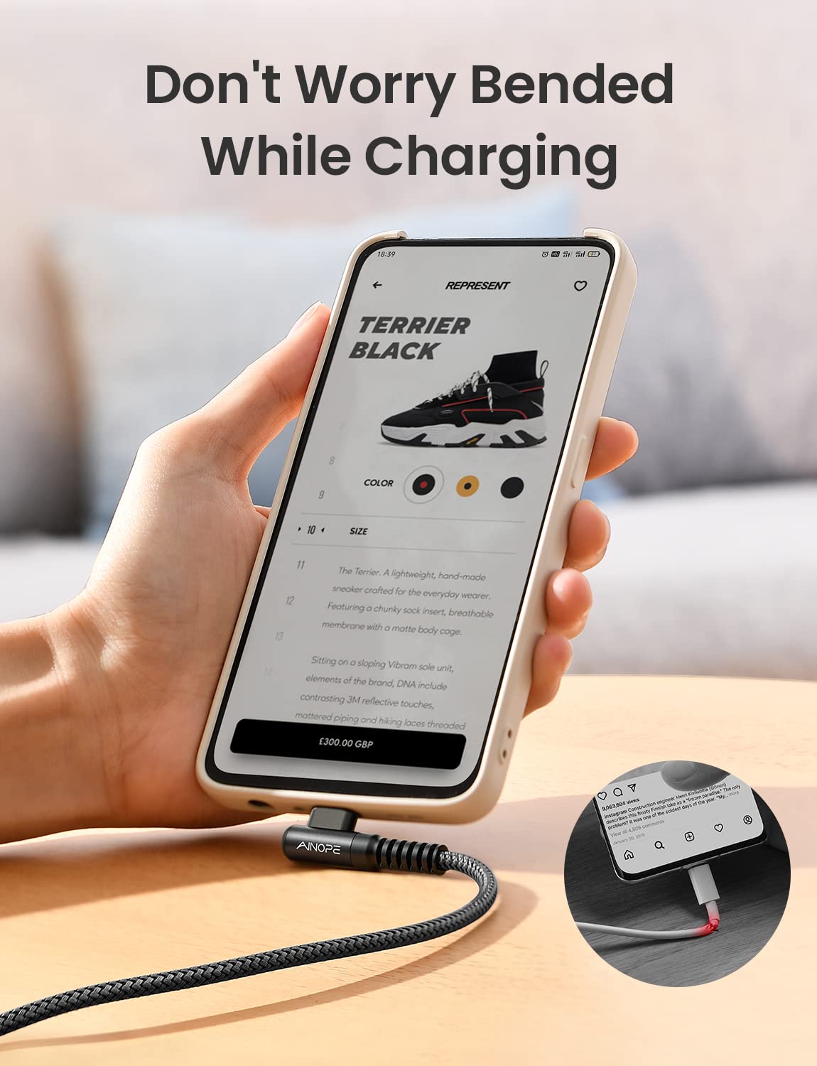 AINOPE Type C Charging Cable Fast Charge 3.1A Right Angle USB C Charger Cable, Resistant Nylon Braided USB C Cord -10ft/3m Black