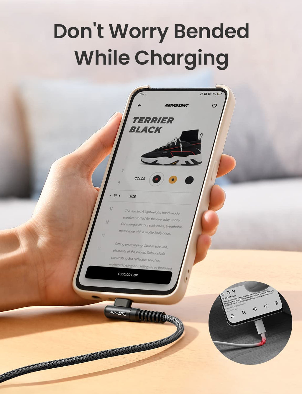 AINOPE USB Type C Cable 5-Pack [10/6.6/6.6/3.3/1.6ft] 3.1A C Type Charging Cable Right Angle, Nylon Braided USB C Cable Compatible with Galaxy S22 S20 Plus, Note 20, LG V20, Type C Charger Black