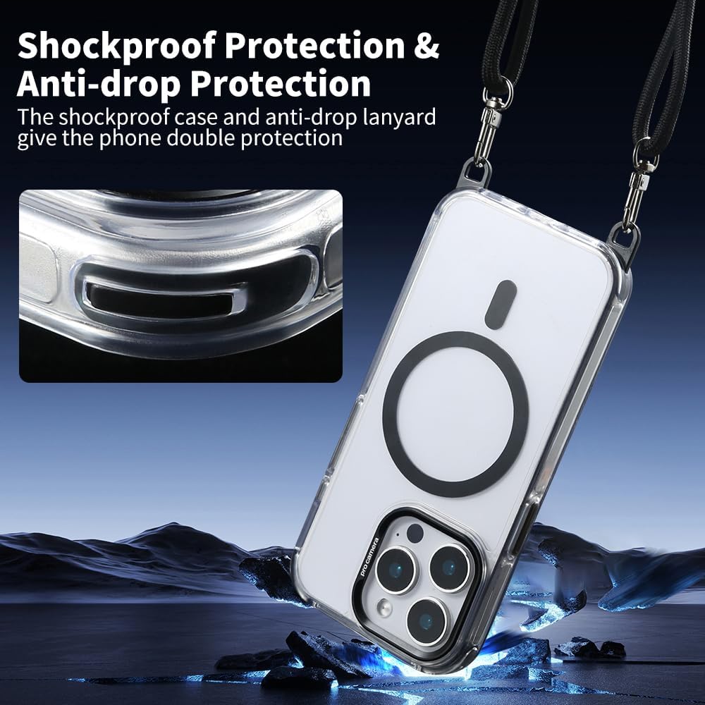 for iPhone 14 Pro Case with 62.99 inch Lanyard, Classic Clear&Black Magnetic Phone Case, Drop&Shockproof Protection Cases, Phone Lanyard for Around The Neck, Compatible with Magnet Accessory