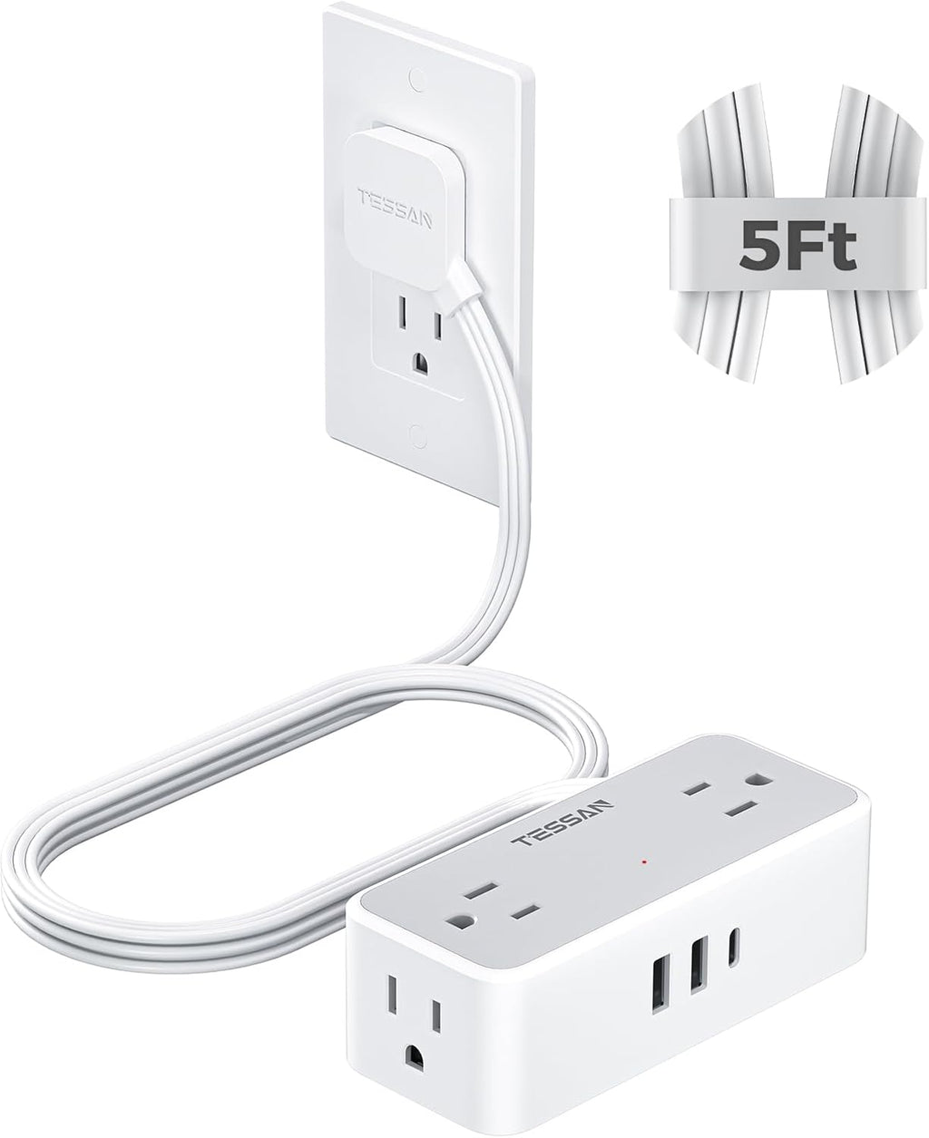 TESSAN Flat Plug Extension Cord 5 FT, Surge Protector Power Strip with 4 AC Outlets 1 USB C and 2 USB A Ports, 900 Joules Protection, Multiple Wall Outlet Extender Suitable for Home Office Dorm