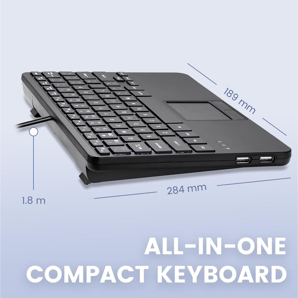 Perixx PERIBOARD-425 US Wired Mini USB Keyboard with Touchpad, X Type Scissor Keys, White Backlit, 2 USB Hubs, Compact 11.18x7.17x1.1 Inches, US English