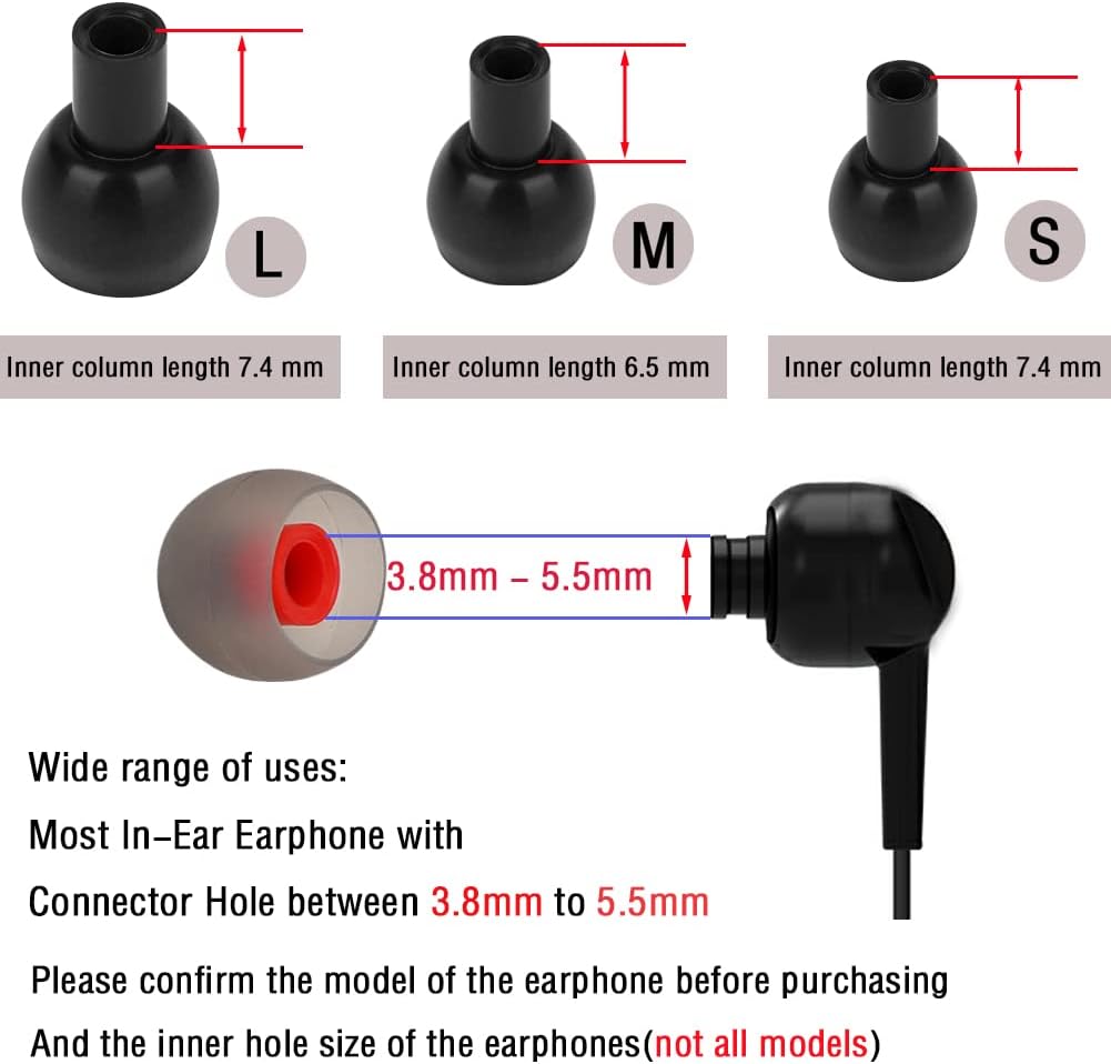 Replacement Earbud Tips Silicone Ear Tips for in- Ear Headphones Eartips Tips (Inner Hole from 3.8mm-5.5mm Earphones) Earbud Replacement Tips Earbuds Cap 18 Pairs S M L