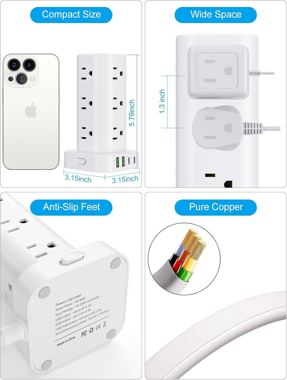 Power Strip Tower with Multiple Outlets, Flat Plug Surge Protector Tower Extension Cord with 12 AC Outlets 4 USB Ports (2 USB C), 15FT Cord Power Tower Surge Protector for Home Office Dorm Room, White