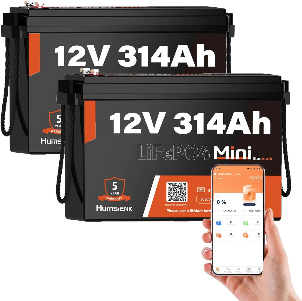 2 PCS Bluetooth 12V 314Ah LiFePO4 Lithium Battery MINI, Max. 4190Wh Energy, EV A+ Cells, Built-in 100A BMS, 15000 Deep Cycles Battery with Low-Temp Protection for RVs, Solar System, Off-Grid