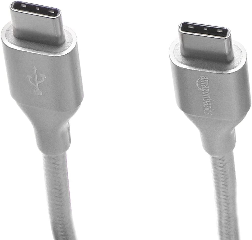 Amazon Basics USB-C to USB-C 2.0 Fast Charger Cable, Nylon Braided Cord, 480Mbps Speed, USB-IF Certified, for Apple iPhone 16/15, iPad, Samsung Galaxy, Tablets, Laptops, 10 Foot, Silver