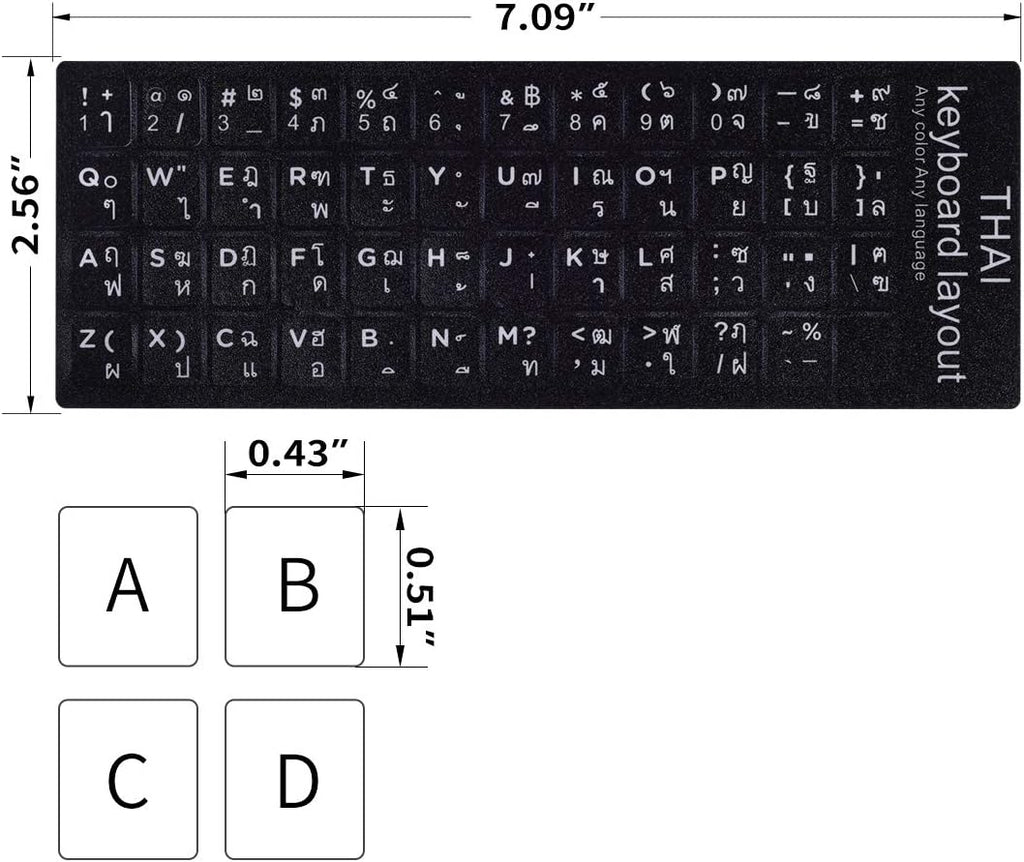2PCS Thai-English Keyboard Letters Replacement Stickers - White Font on Black Background for Computer, Laptop, Notebook, Desktop - Matte Vinyl Alphabet Stickers