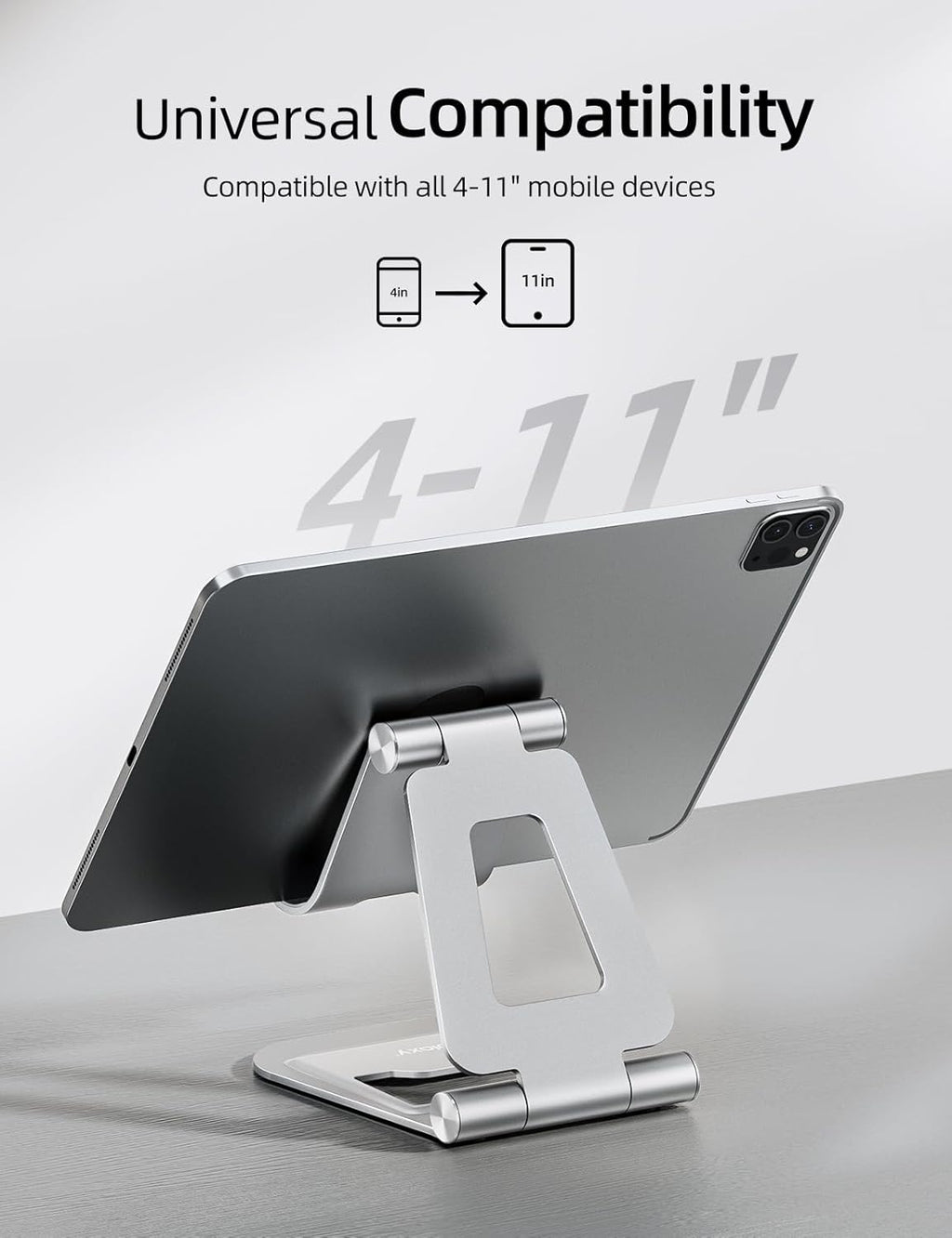 Nulaxy Aluminum Dual Foldable iPad Stand, Fully Adjustable Desktop Tablet Holder, Tablet Accessories for Office Kindle Compatible with Mobile Devices iPad Pro/Air/Mini, iPhone Pro/Max/Plus, Silver