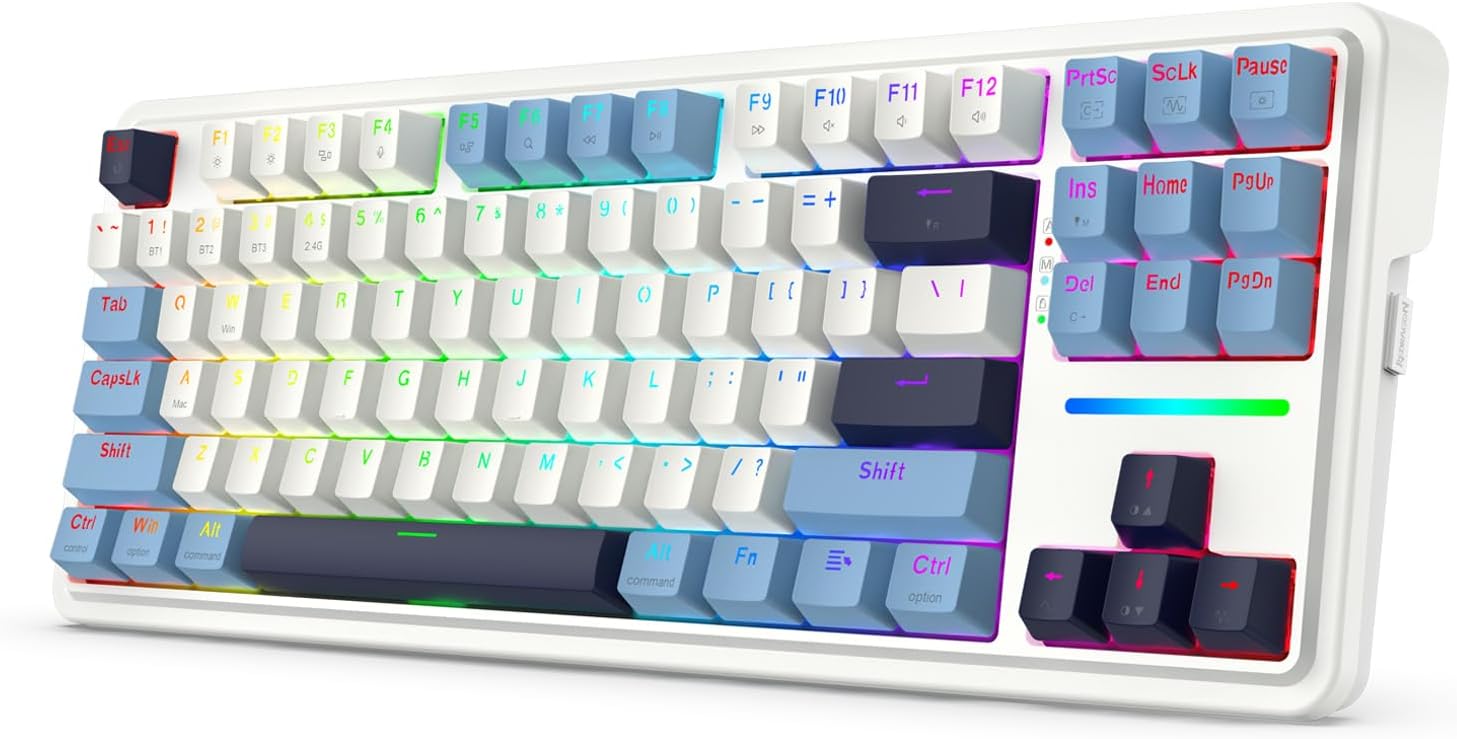 Redragon K728 PRO 80% Wireless Gasket RGB Gaming Keyboard, 3-Mode 87 Keys TKL Mechanical Keyboard w/Hot-Swap Socket, Mixed Color Keycaps & 5-Layer Noise Dampening, Custom Linear Switch
