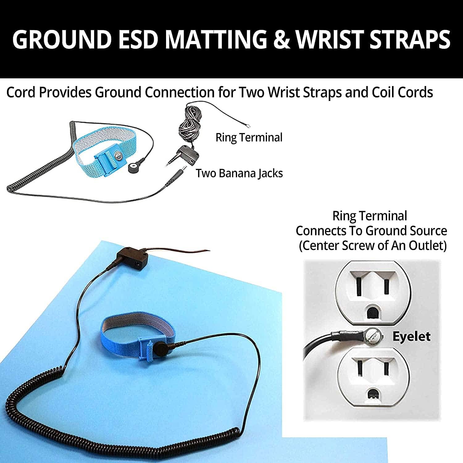 RubberStat Dual Layer ESD Compliant Workstation Rubber Table Mat Kit, Soldering, Cell Phone Repair, with Wrist Strap Set and Ground Cord - 36"x16" Blue