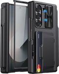 for Samsung Galaxy Z Fold 6 Case with Card Holder & S Pen Holder & Slide Camera Cover, Built-in Hinge Protection & Screen Protector, Durable Wallet Phone Cover Case for Z Fold 6 5G 2024, Black