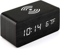 OCT17 Alarm Clock with Qi Wireless Charging Pad Compatible with iPhone Samsung Wood LED Digital Clock Sound Control Function, Time Date, Temperature Display for Bedroom Office Home - Black