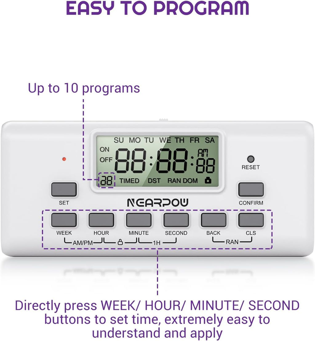[2 Pack] NEARPOW Digital Timer For Lamp With Dual Outlets, Programmable Timer In Door, Outlet Timer For Lights,10 On/Off Programs, 24-Hour And 7-Day Programmable Electric Plug Timer,3 Prong, 15A/1875W