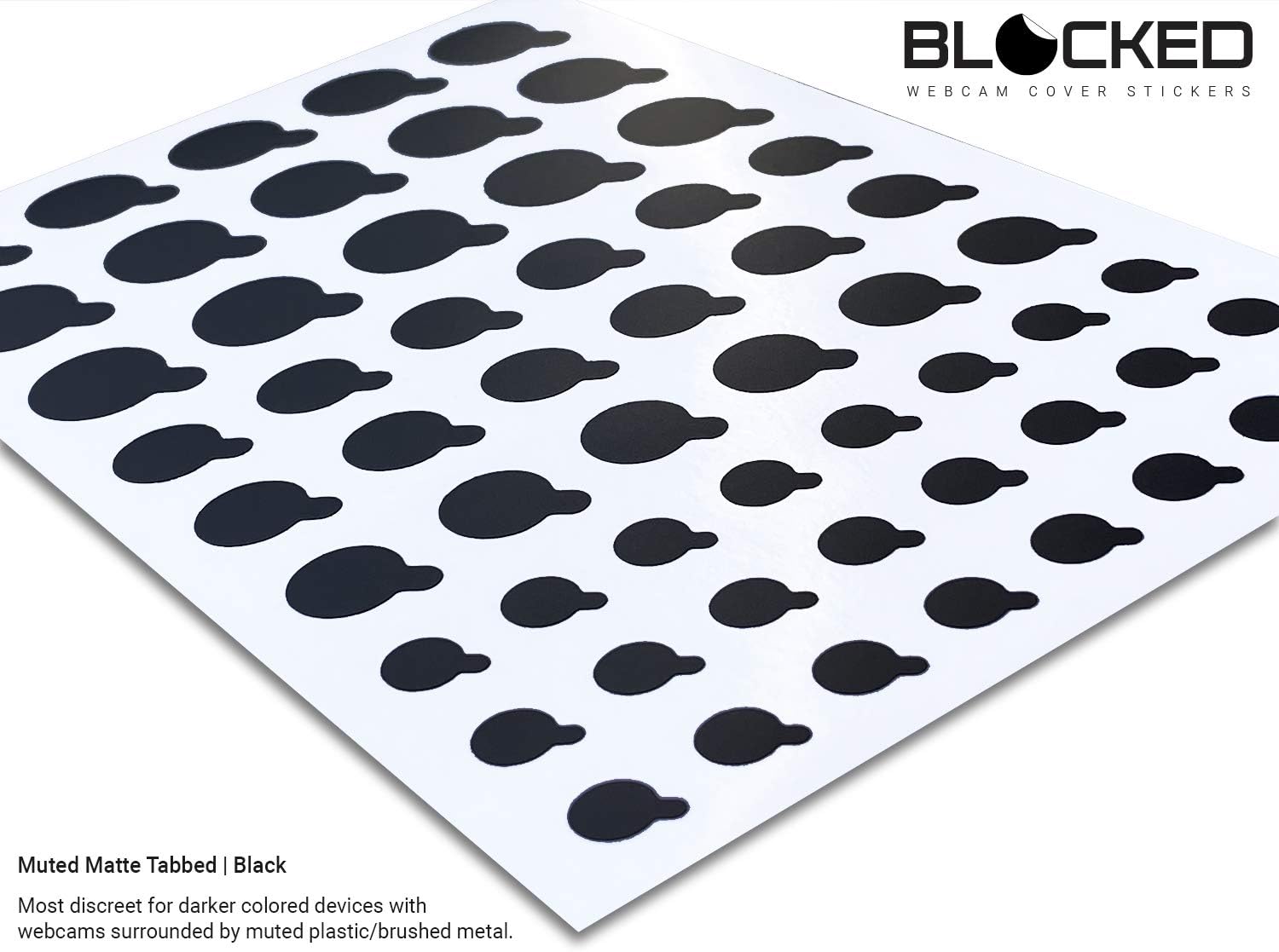 BLOCKED Webcam/Camera Vinyl Covers | Low-Tack Restickable Webcam Sticker | Multiple Sizes | Black 57-Pack Tabbed (Muted Matte)