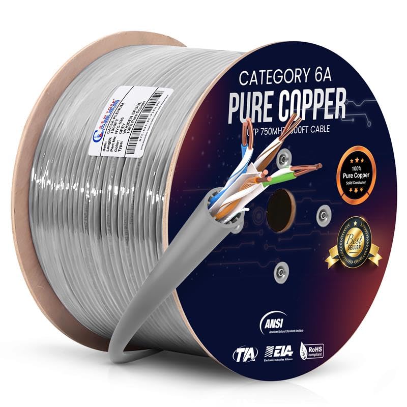 NewYork Cables Cat6a Plenum Cable 1000ft - Certified 100% Solid Pure Copper CAT6 A Ethernet Cable – 23 AWG, 750 MHz, PoE++ - Unshielded Twisted Pair - Cat 6a 10 GB High Speed for Networking & Gaming