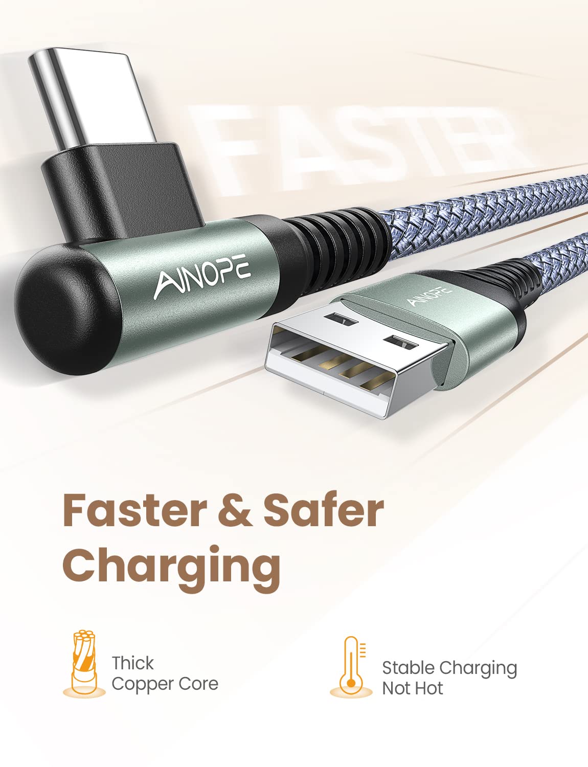 AINOPE USB C Cable 4-Pack [10/6.6/3.3/3.3FT] 3.2A 90 Degree USB C Cable Packs, Nylon Braided Angled USB C Cable Fit for Galaxy S10 S9 S8 Plus S21, Note 10 9 8, LG, Galaxy S21 Charger Fast Charging