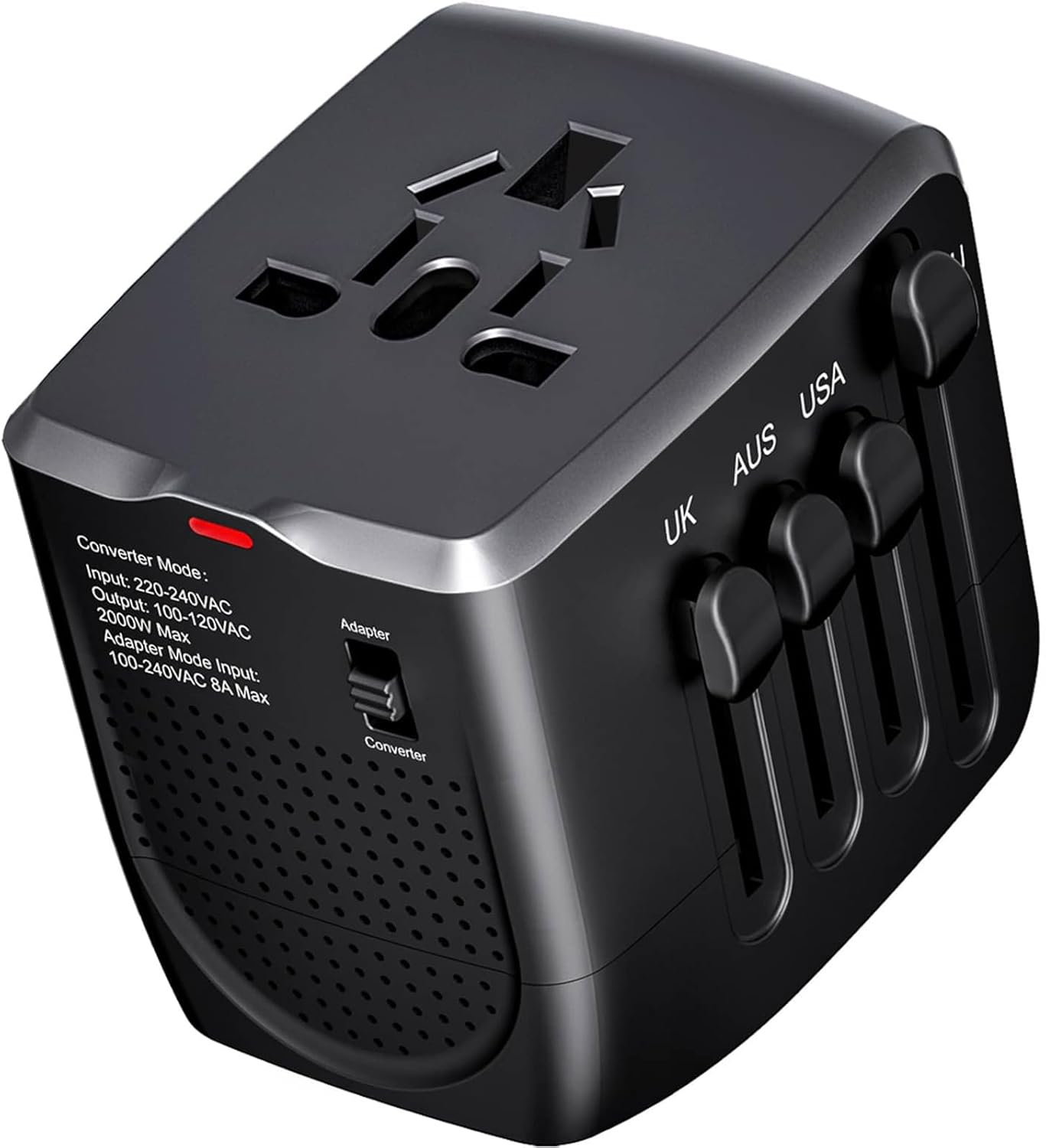International Travel Adapter Voltage Converter Steps Down 220V to 110V for Cell Phones, Laptops, and Curling Irons, US to UK, Europe, Australia, and More Than 200 Countries