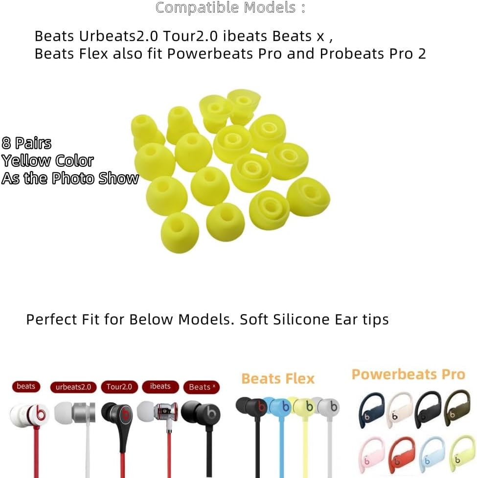 Replacement Ear Tips for Beats Urbeats2.0 Tour2.0 ibeats Beats x, Beats Flex Secure Fit for Powerbeats Pro Silicone Earbuds Washable Sweat-Resistant Noise Isolation 8 Pairs (Volt Yellow)