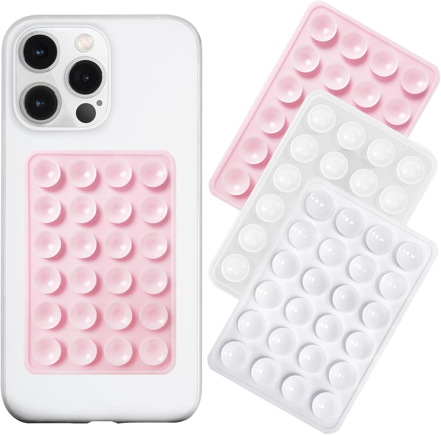 Silicone Suction Phone Case Mount 3 Pack, Silicon Adhesive Suction Cup Phone Mount, Non Slip Sticky Phone Grip for Cellphone, Strong Grip Holder for Selfies and Videos (LTPK&WT&TP)