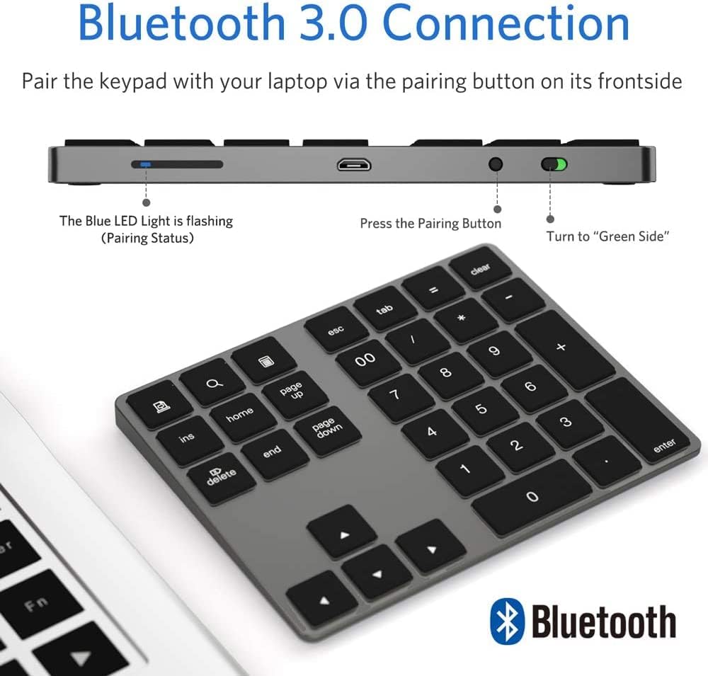 Bluetooth Number Pad, Aluminum Rechargeable Numeric Keypad Wireless 34-Keys Number Keyboard Shortcut Keypad Numpad Data Entry Compatible for iMac Windows
