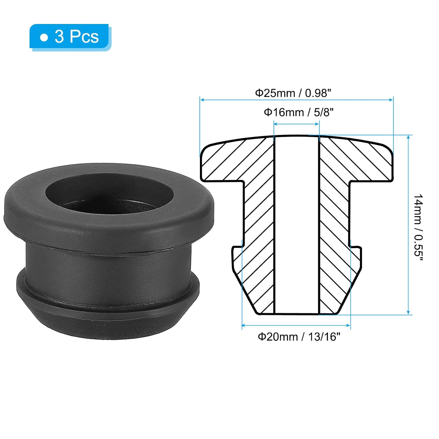 PATIKIL 20mm / 13/16 Inch Drill Hole,5/8 Inch ID Rubber Grommets, 3Pcs Top Hat Grommet for Wiring Eyelet Ring Gasket Automotive Firewall Cable Hole Plugs Wires Protection, Black