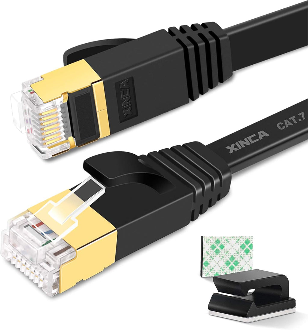 Cat 7 Flat Ethernet Cable 15ft Black, High Speed 10GB Shielded (STP) LAN Internet Network Cable Ethernet Patch Computer Cable with Rj45 Connectors and 5pcs Adhesive Cable Clips